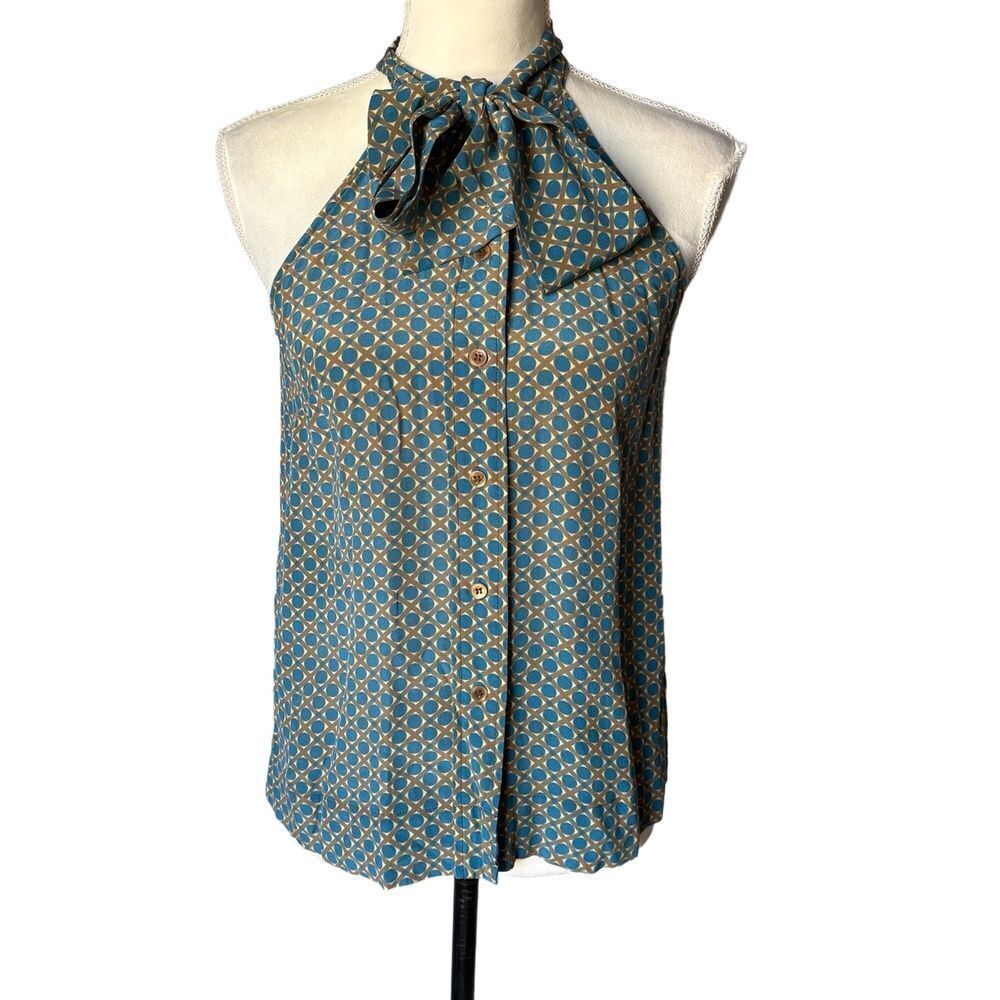 Girls From Savoy Halter Top Womens Size TWO Teal Geometric Silk Flowy